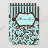 Aqua, Brown, White Striped Damask Thank You Card (Front/Back)