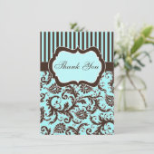 Aqua, Brown, White Striped Damask Thank You Card (Standing Front)
