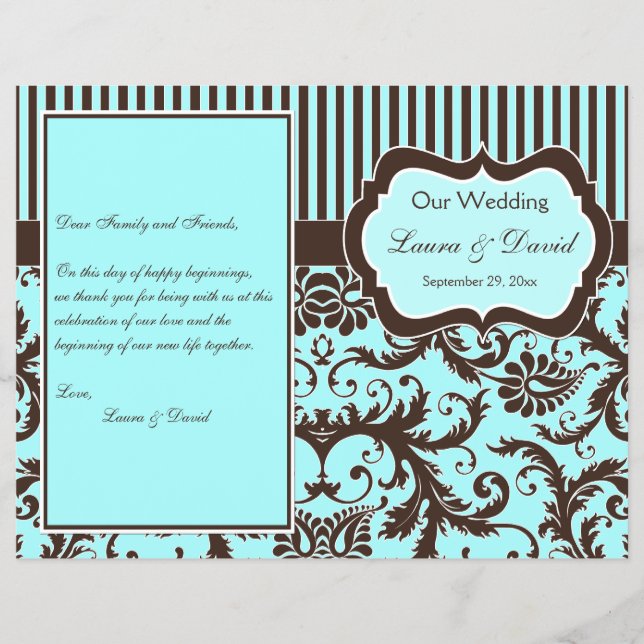 Aqua, Brown, White Striped Damask Wedding Program (Front)