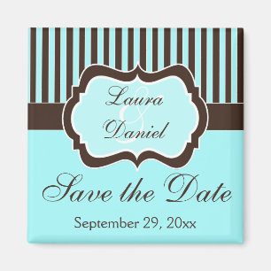 Aqua, Brown, White Striped Save the Date Magnet