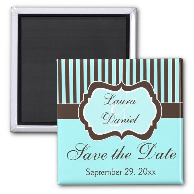 Aqua, Brown, White Striped Save the Date Magnet (Front)