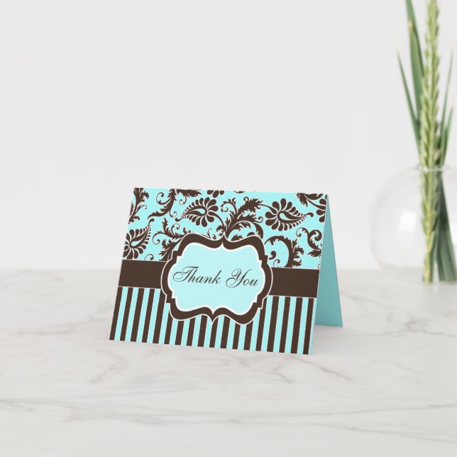 Aqua, Brown, White Striped Thank You Note Card (Front)