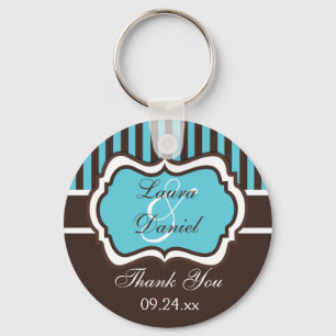 Aqua, Brown, White Striped Wedding Favor Keychain