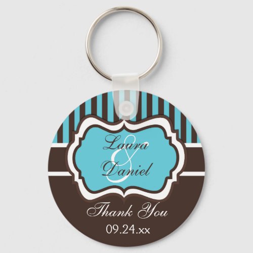 Aqua Brown White Striped Wedding Favor Keychain