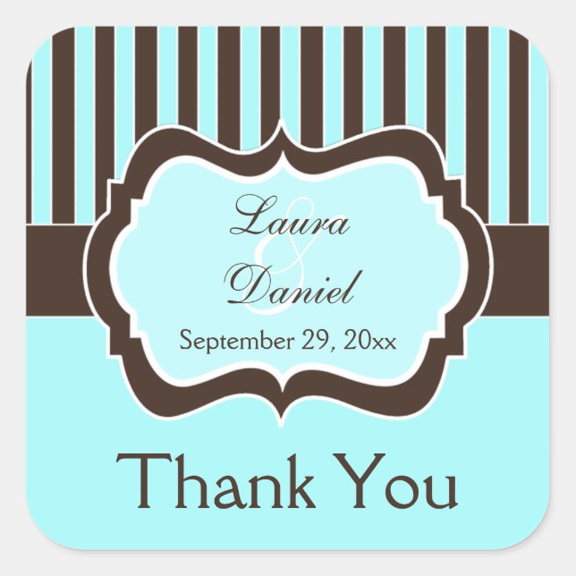 Aqua, Brown, White Striped Wedding Favor Sticker (Front)