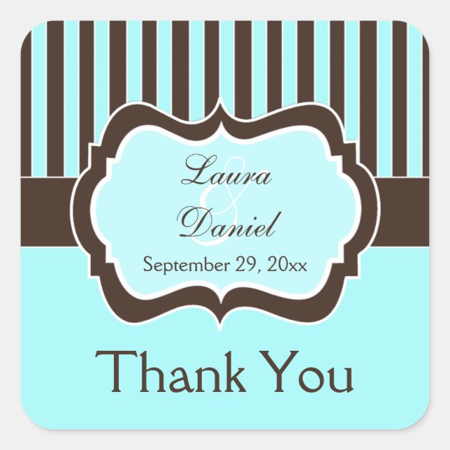 Aqua, Brown, White Striped Wedding Favor Sticker (Front)