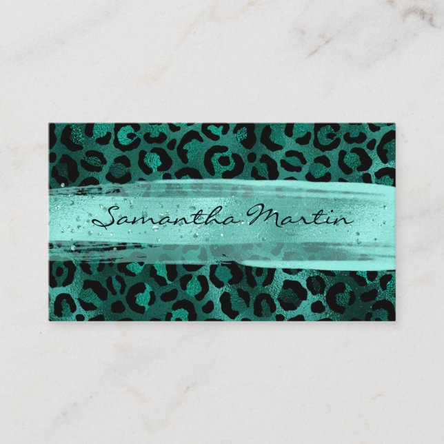 Aqua Brush Stroke Teal Foil Leopard Business Card (Front)