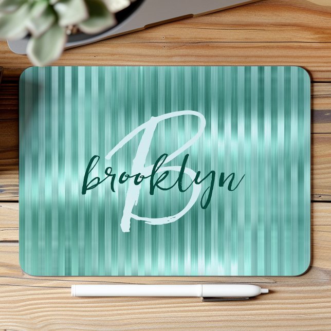 Aqua Brushed Metal Stripes Script Monogram  Mouse Pad (Creator Uploaded)