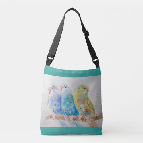 Aqua Budgie Birds Branch Watercolor Crossbody Bag