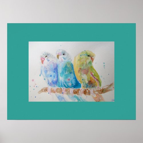 Aqua Budgie budgies cute Watercolor art Poster