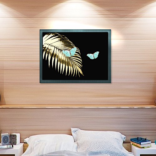 Aqua Butterflies on Golden Palm Frond Foil Prints