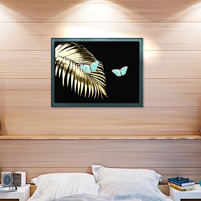Aqua Butterflies on Golden Palm Frond Foil Prints (Creator Uploaded)