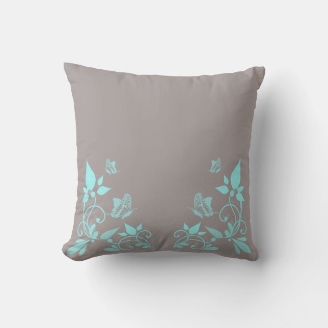 Aqua Butterfly Floral Pillow (Front)