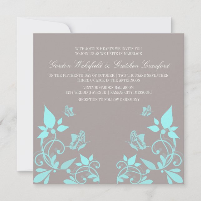 Aqua Butterfly Floral Wedding Invite (Front)