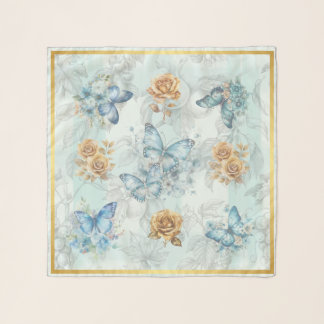 Aqua Butterfly Gold Rose Chiffon Scarf