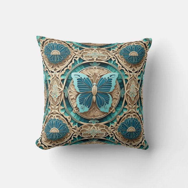 Aqua Butterfly on Tan Medallion Throw Pillow (Front)