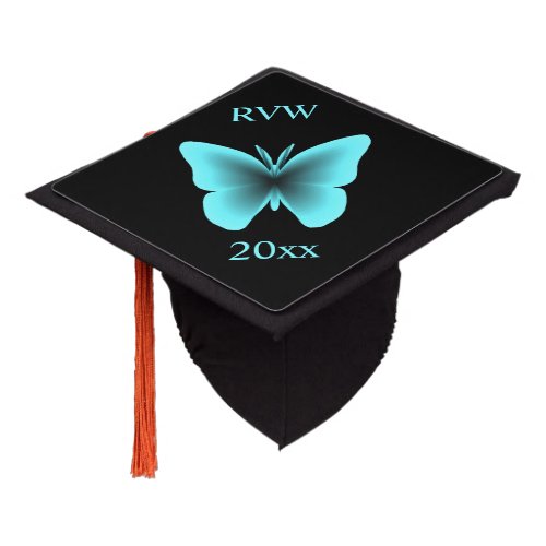 Aqua Butterfly Print Monogram and Year Graduation Cap Topper