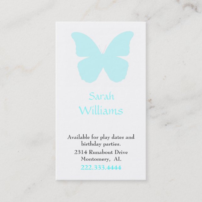 Aqua Butterfly Silhouette Girl's Calling Card (Front)