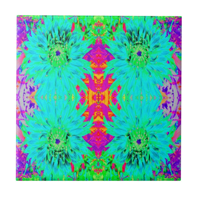 Aqua Cactus Dahlia Abstract Macro Flower Ceramic Tile (Front)