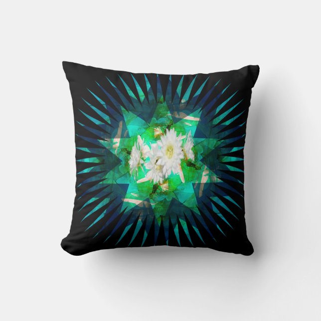 Aqua Cactus Flower Kaleidoscope Effect,   Throw Pillow (Front)