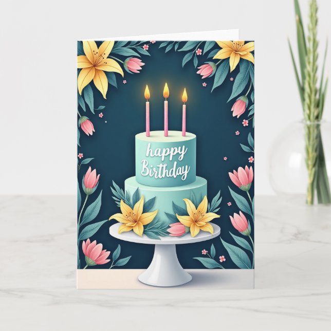 Aqua Cake Birthday Card (Front)