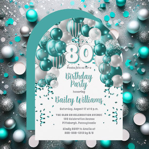 Aqua Celebration Balloons 80th Birthday Party Invitation