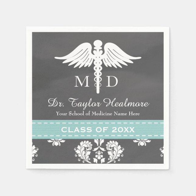 Aqua Chalkboard Caduceus Medical School Graduation Paper Napkins (Front)