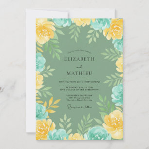 Aqua Champagne Gold Leafy Wedding Invitation