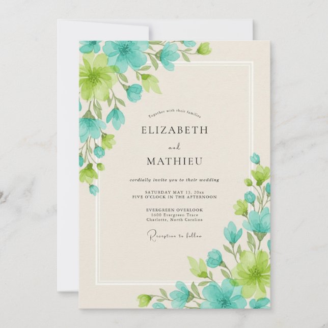 Aqua Chartreuse Leafy Wedding Invitation (Front)