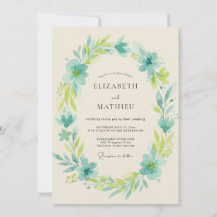 Aqua Chartreuse Wreath Wedding Invitation