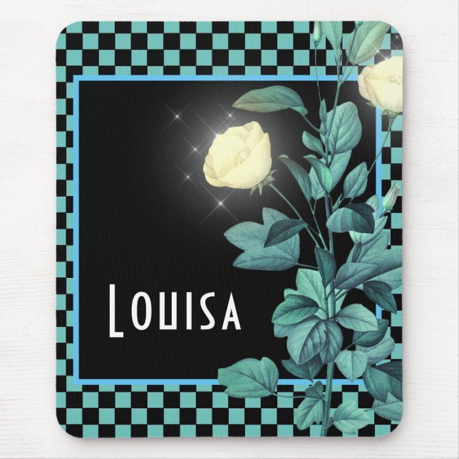 Aqua Checkerboard Floral Personalized  Mouse Pad (Front)