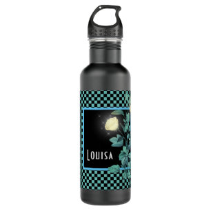 Aqua Checkerboard Floral Personalized Stainless Steel Water Bottle