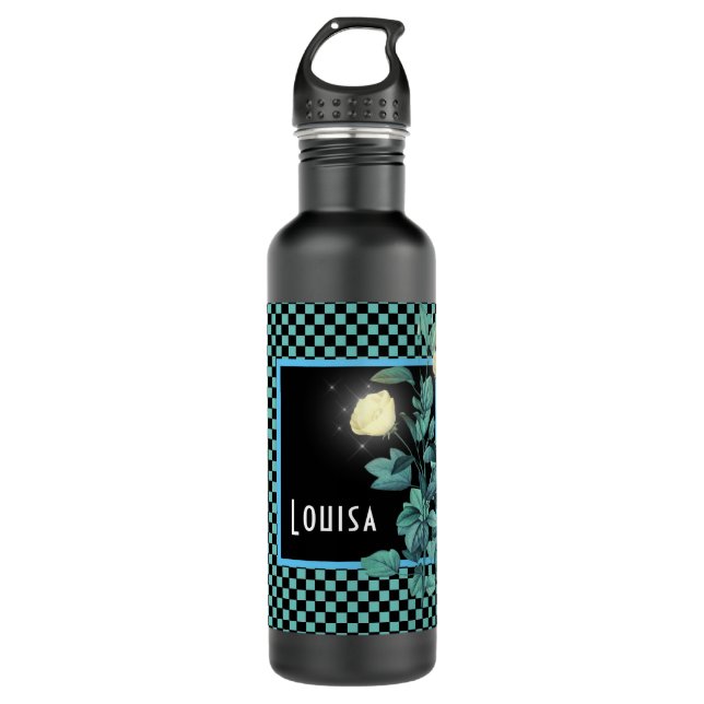 Aqua Checkerboard Floral Personalized Stainless Steel Water Bottle (Front)