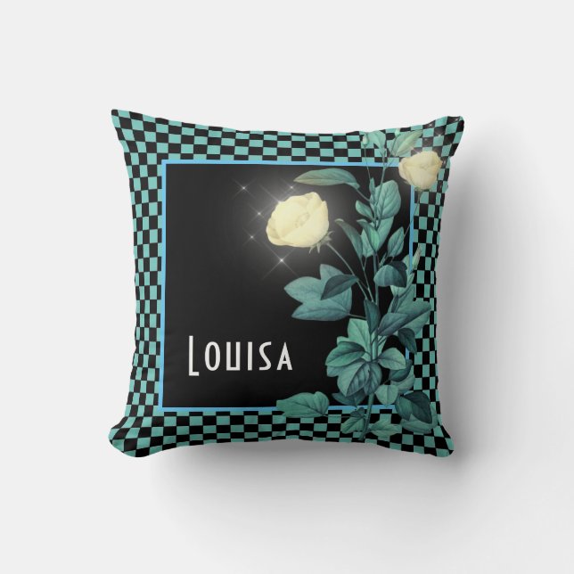 Aqua Checkerboard Floral Personalized Throw Pillow (Front)
