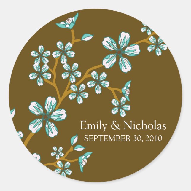 Aqua Cherry Blossom/Brown Wedding Invitation Seal (Front)