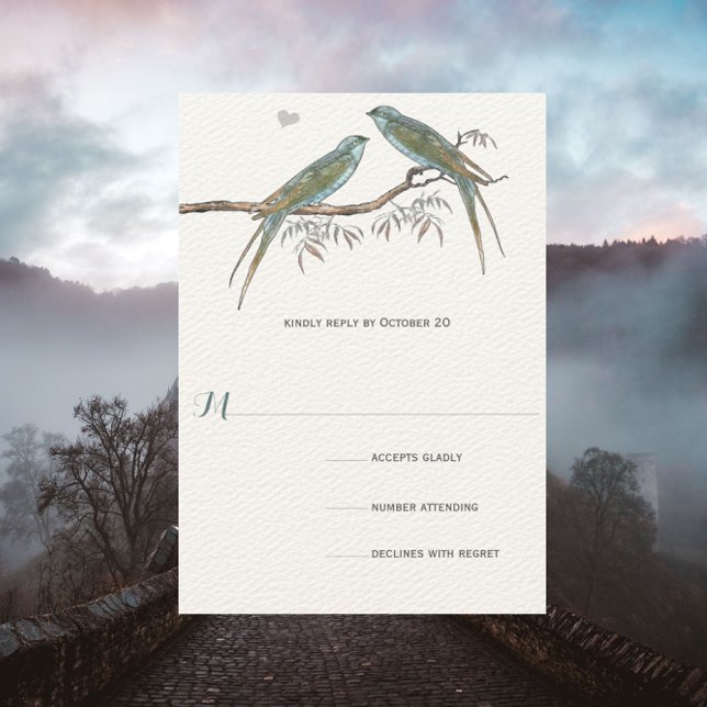 Aqua Cherry Blossom Vintage Bird Weddings RSVP Card (Creator Uploaded)