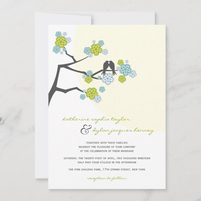 Aqua Cherry Blossoms Love Birds Wedding Invite (Front)