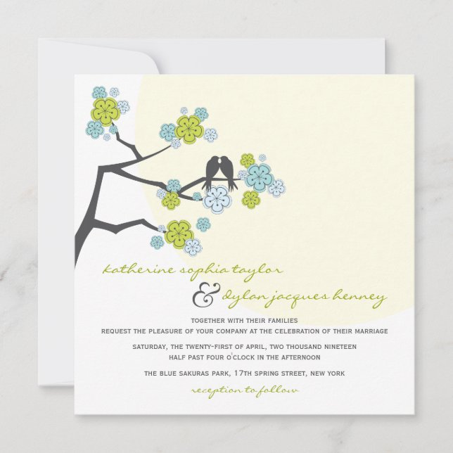 Aqua Cherry Blossoms Love Birds Wedding Invite (Front)