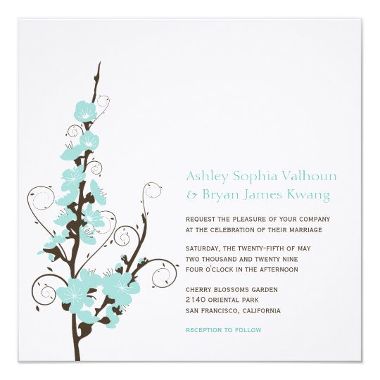 Aqua Cherry Blossoms Sakura Swirls Wedding Invite