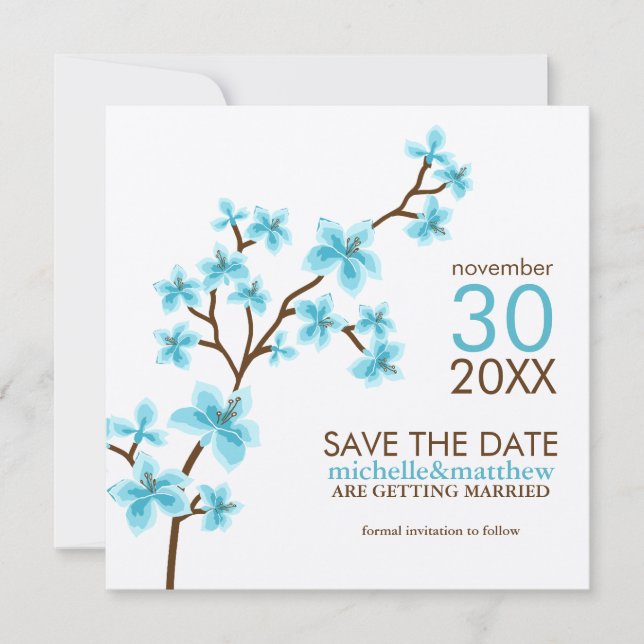 Aqua Cherry Blossoms Save the Date (Front)