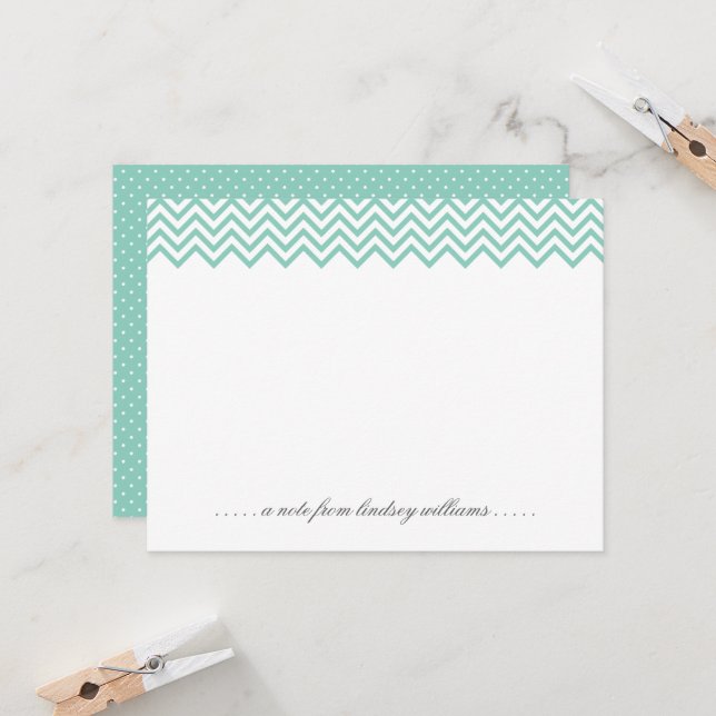 Aqua Chevron and Tiny Dots Personalized Stationery Invitation (Front/Back In Situ)