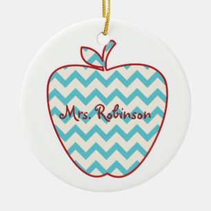 Aqua Chevron Apple Teacher Ceramic Ornament