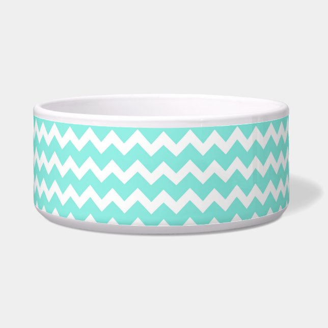 Aqua Chevron Custom Name Dog Bowl (Front)