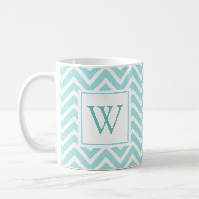 Aqua Chevron Design Initial Monogram Coffee Mug (Left)