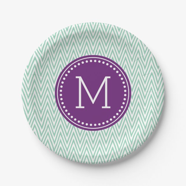 Aqua Chevron Personalized Monogram Paper Plates (Front)
