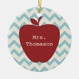 Aqua Chevron Red Apple Teacher Ceramic Ornament
