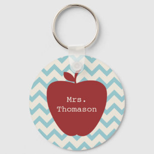 Aqua Chevron Red Apple Teacher Keychain