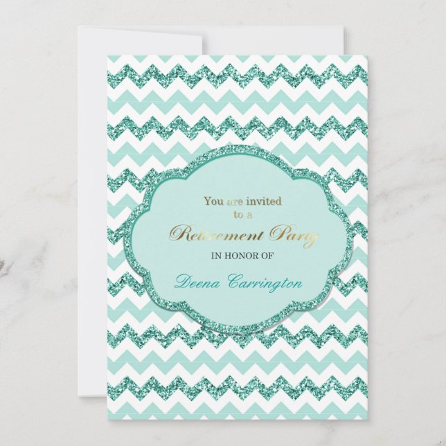 Aqua Chevron Stripe Retirement Party Invitations (Front)