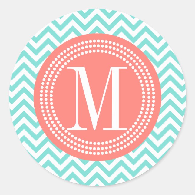 Aqua Chevron Zigzag Personalized Monogram Classic Round Sticker (Front)