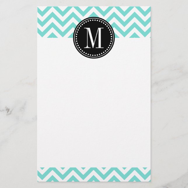 Aqua Chevron Zigzag Personalized Monogram Stationery (Front)